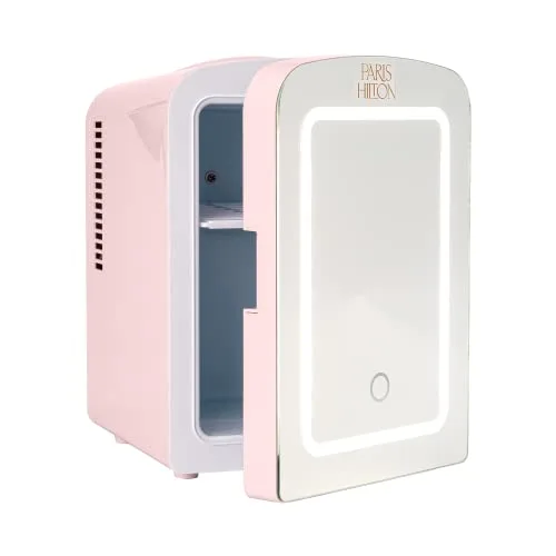 Mini refrigerador y neceser personal Paris Hilton con puerta de espejo y luz, 4 litros, color rosa